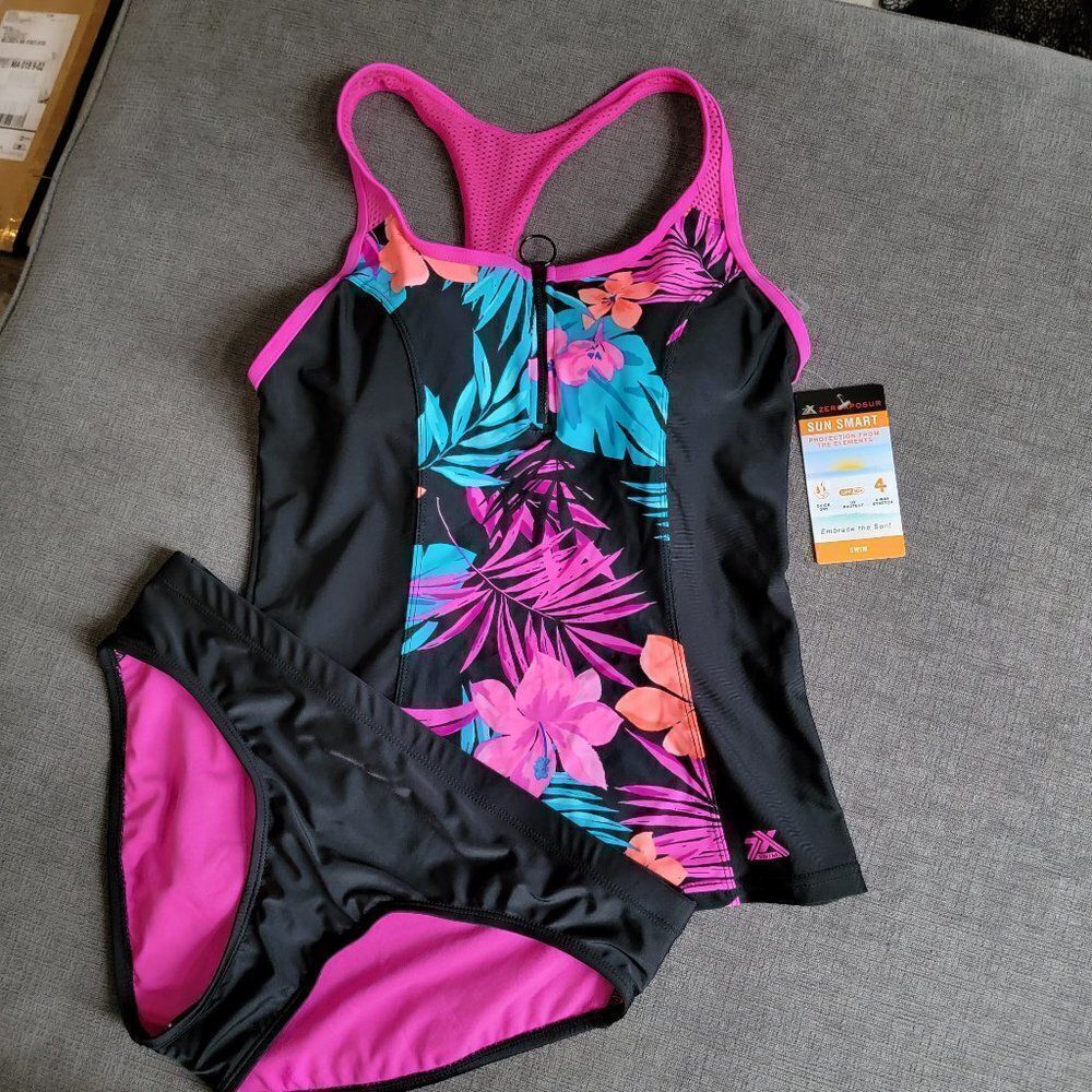 ZeroXposur Women Leaf Print Zip Front & Racer Back Tankini Swimsuit 2 Pi…